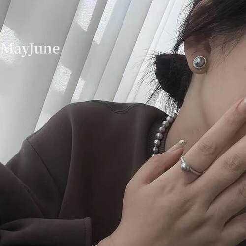 MayJune 轻奢akoya海水真多麻珍珠耳钉拉丝工艺925纯银戒指套装
