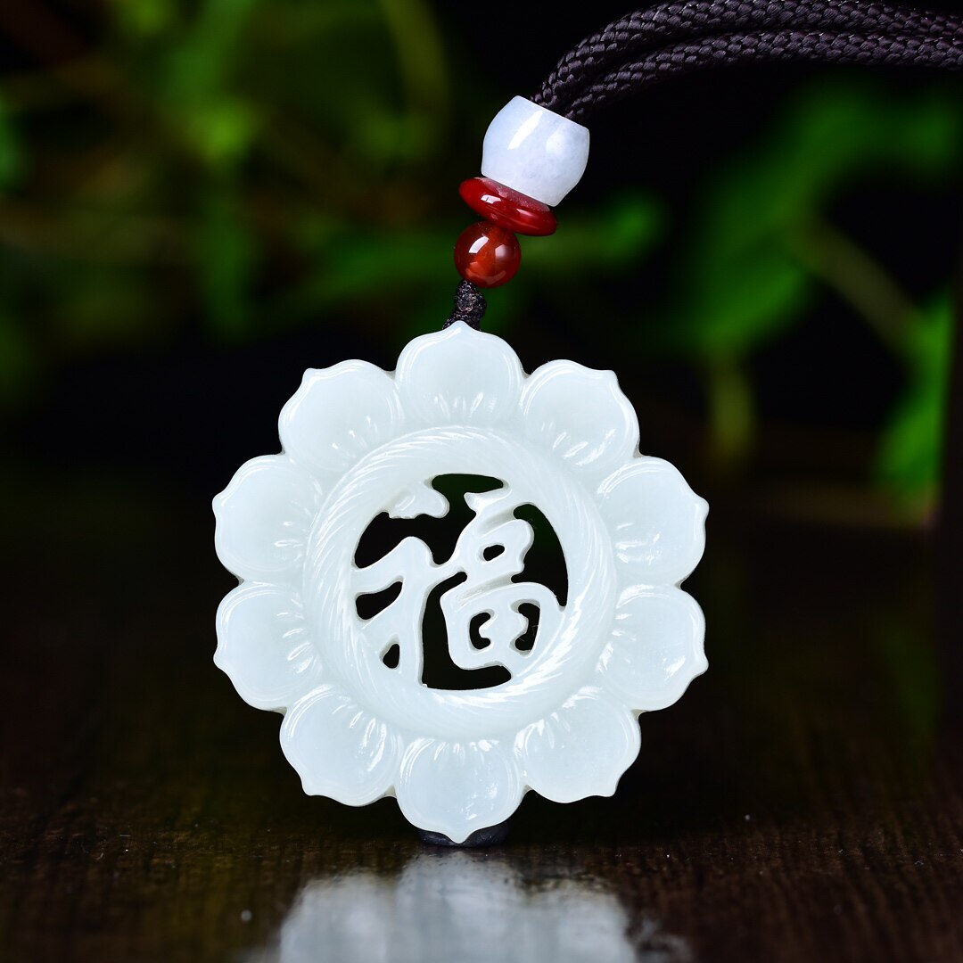 新疆和田玉羊脂玉白玉青白玉莲花福牌玉石吊坠男女款挂件玉坠玉佩