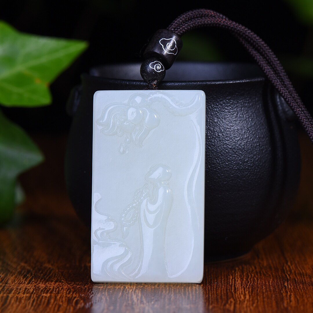 新疆和田玉羊脂玉白玉青白玉莲花笑佛平安牌吊坠男女士款挂件玉坠