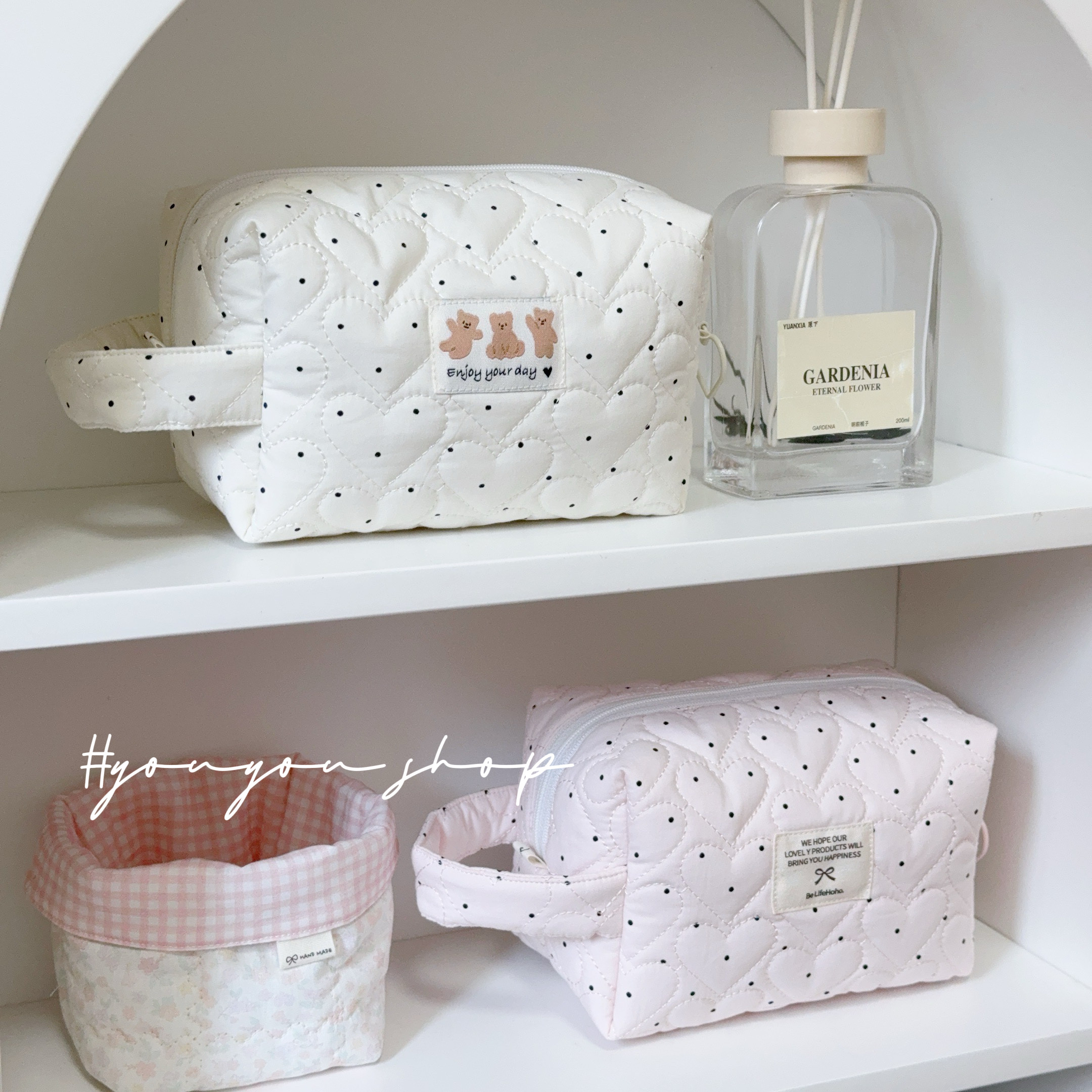 原创韩版数码相机包手提夹棉波点爱心ins简约可爱拉链收纳 化妆包