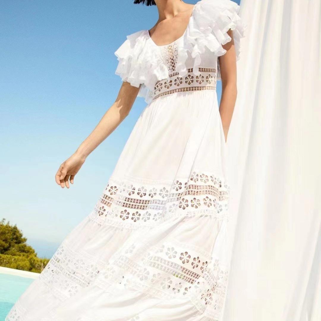 欧美 2023夏季圆领荷叶边拼接短袖 收腰镂空长款连衣裙女涤纶