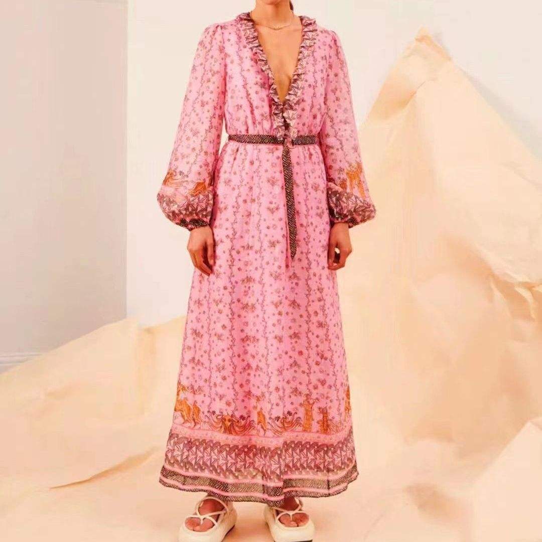 2023秋季V领花边拼接灯笼袖花朵印花系带收腰长款连衣裙气质款