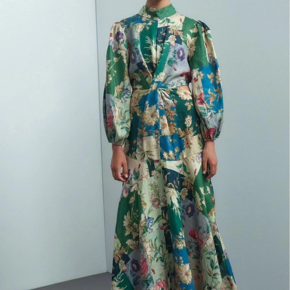 2023秋季法式复古立领灯笼袖印花拼色收腰长款连衣裙女2023年秋季