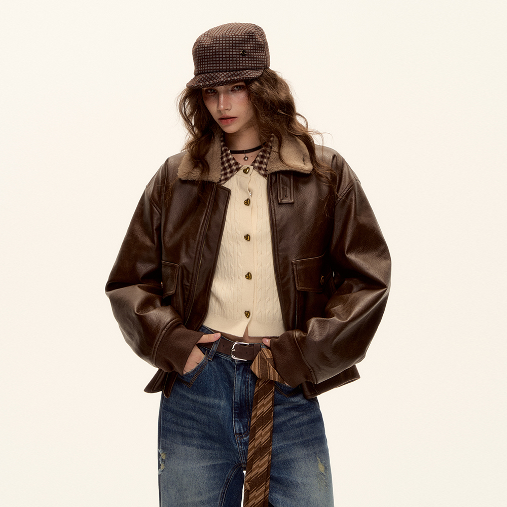 AsGony外套毛领拼接罗纹皮衣夹棉