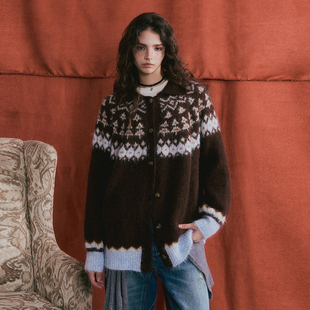 新款 2025秋季 官方授权 女提花费尔岛翻领纽扣宽松开衫 AsGony针织衫