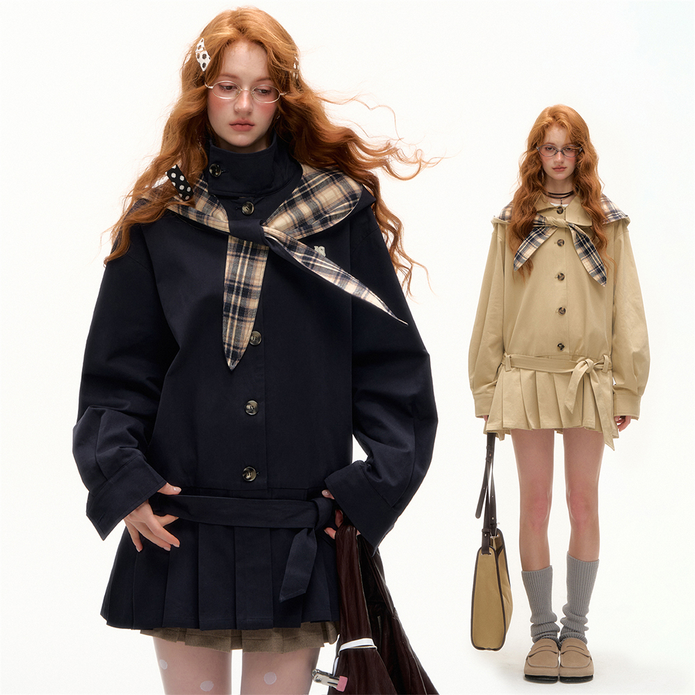 AsGony可拆卸兔耳朵帽子百褶风衣