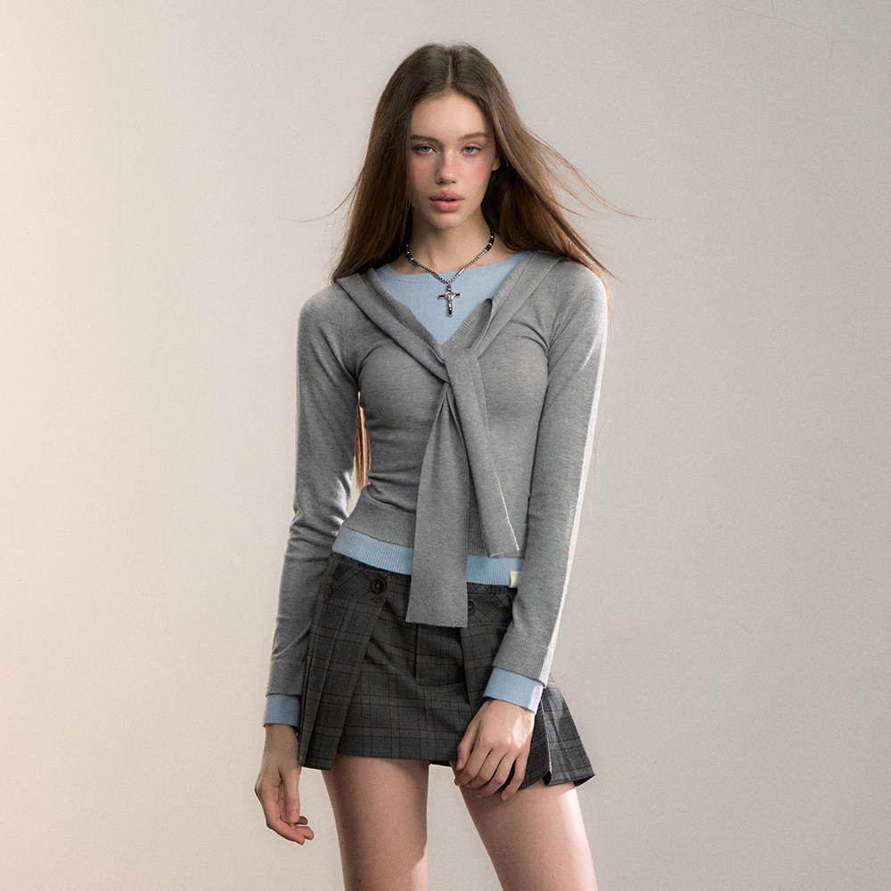 VIAPITTI假两件撞色绑带毛织T恤