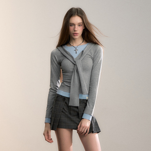 新款 T恤女假两件撞色绑带毛织上衣2025冬季 官方授权 PITTI长袖 VIA