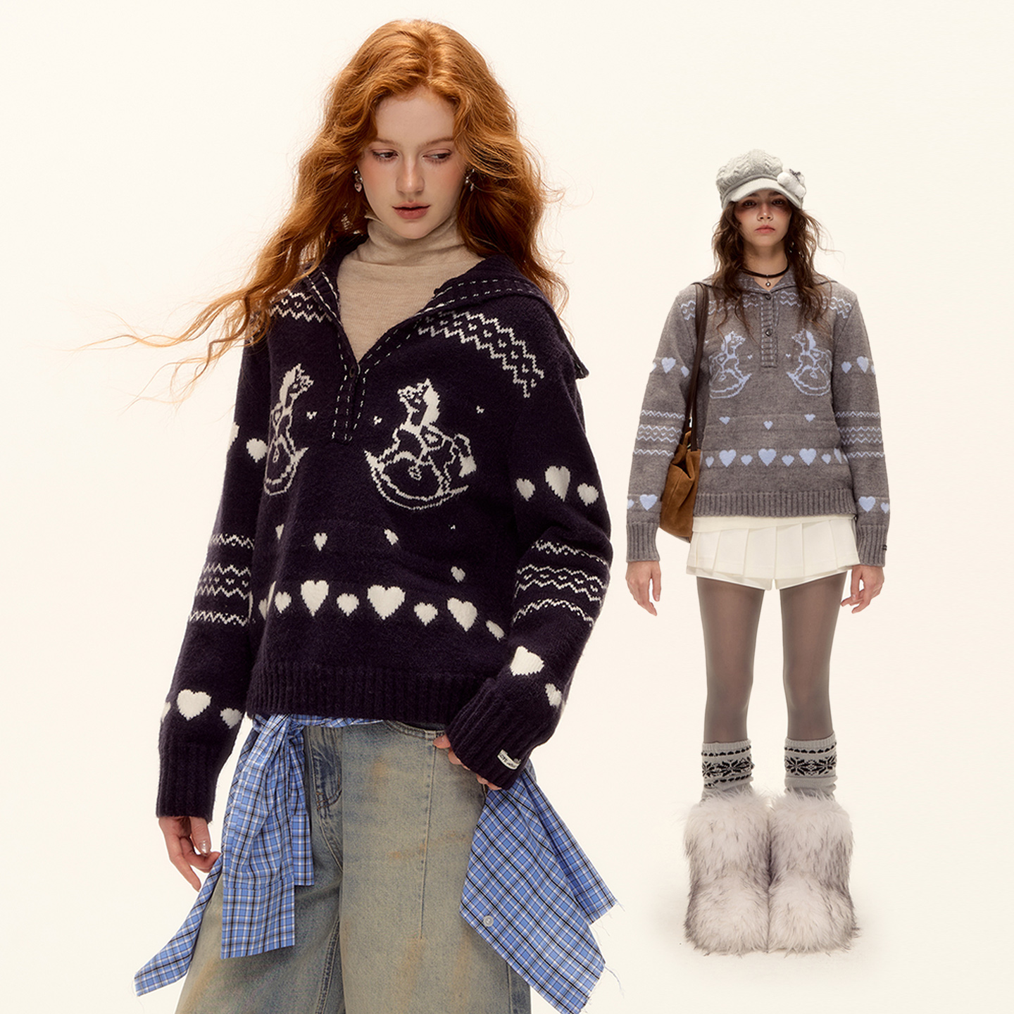 AsGony毛针织衫小马提花翻领套头