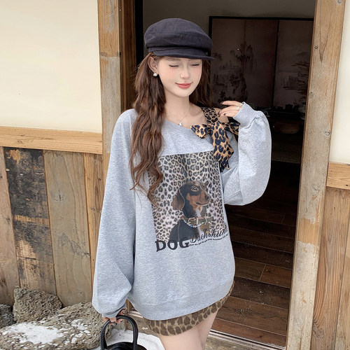 LEAPDREAM卫衣豹纹腊肠狗露肩