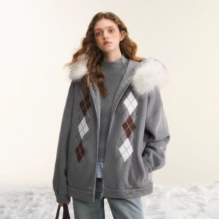 官方授权 新款 AsGony棉服女时尚 复古菱形格贴布绣毛呢外套2025冬季