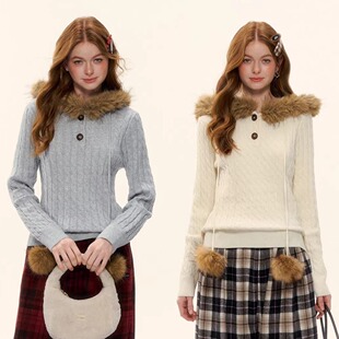 新款 AsGony针织衫 毛衣2025冬季 扭花连帽毛领套头短款 官方授权 女款