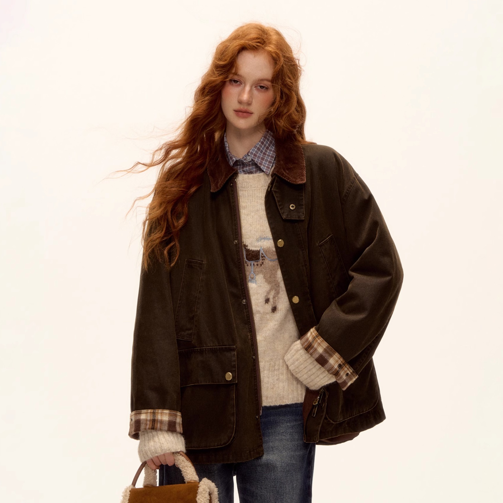 AsGony外套格纹灯芯绒拼接夹棉