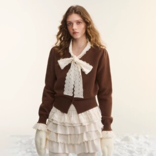 时尚 新款 蕾丝拼接短款 上衣2025冬季 官方授权 毛衣开衫 AsGony针织衫