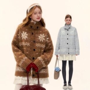 官方授权 新款 AsGony外套时尚 百搭雪花费尔岛提花针织上衣2025冬季