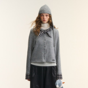 新款 上衣25冬季 官方授权 百搭格子拼接绑带毛衣开衫 AsGony毛针织衫