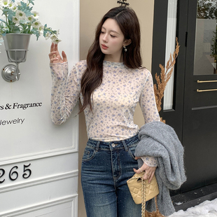 Ciobbur长袖T恤女士碎花高领设计修身打底衣2025冬季新款官方授权