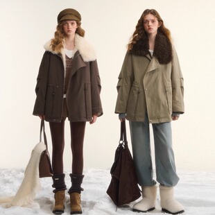 官方授权 新款 AsGony外套女宽松袖 子打褶大翻领抽绳派克服2025冬季