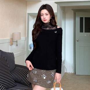 Ciobbur 毛针织衫高领蕾丝蝴蝶结拼接露肩上衣25冬季新款官方授权