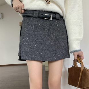 Ciobbur 半身裙假两件式开衩亮闪短裙配腰带2025冬季新款官方授权
