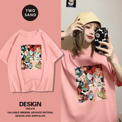 粉色卡通纯棉短袖t恤女夏季新款2024韩版宽松小众设计感百搭半袖
