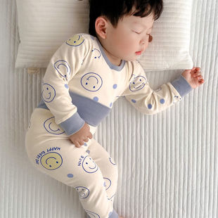 宝宝无骨秋衣秋裤套装纯棉儿童内衣高腰护肚秋冬厚款男童女童睡衣
