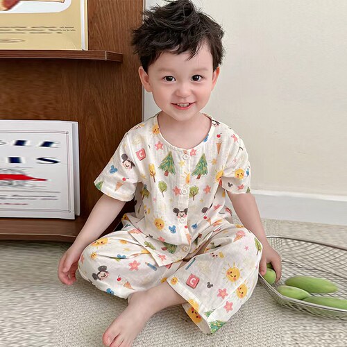 儿童纯棉纱布睡衣春夏季薄款宝宝短袖长裤家居服男女孩空调服套装