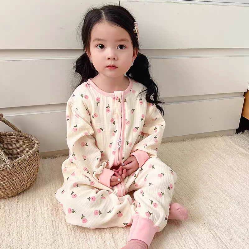 儿童无骨连体睡衣a类全棉纱布春秋薄款宝宝幼女童夏季家居服睡袋