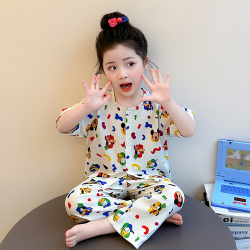 女童纯棉双层纱布睡衣儿童宝宝短袖A类家居服夏季薄款空调服套装