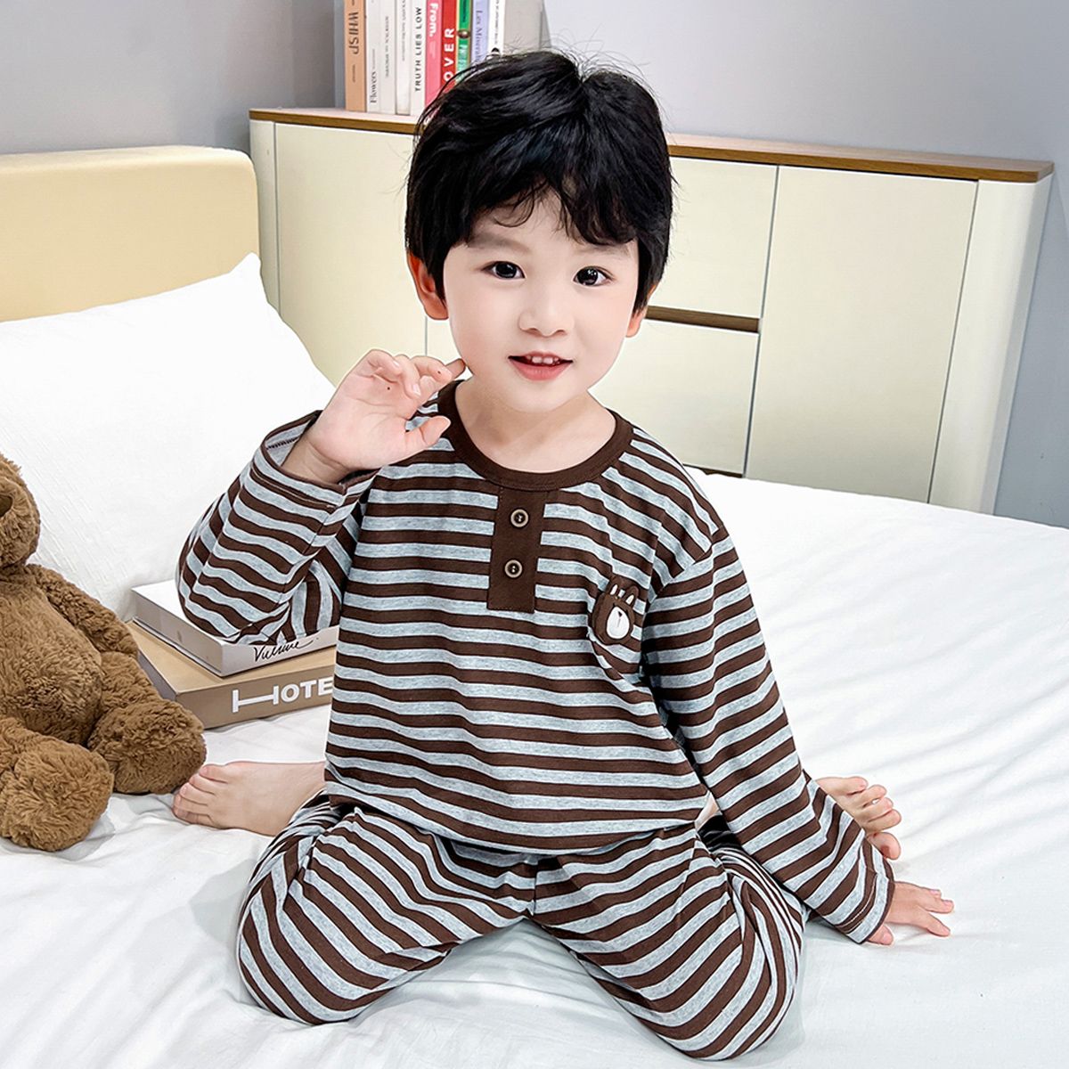 儿童家居服男童宝宝卡通条纹睡衣套装纯棉韩版套装A类套头两件套
