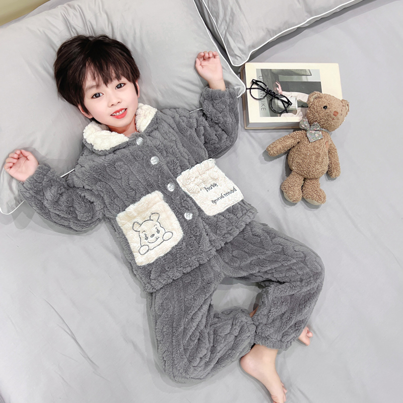 男童睡衣秋冬季珊瑚绒加绒款套装儿童男孩法兰绒宝宝开衫家居服
