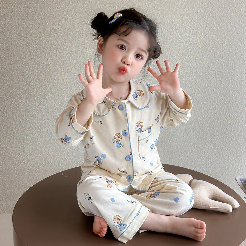 女童睡衣纯棉套装春秋季2026新款女孩宝宝卡通长袖公主开衫家居服