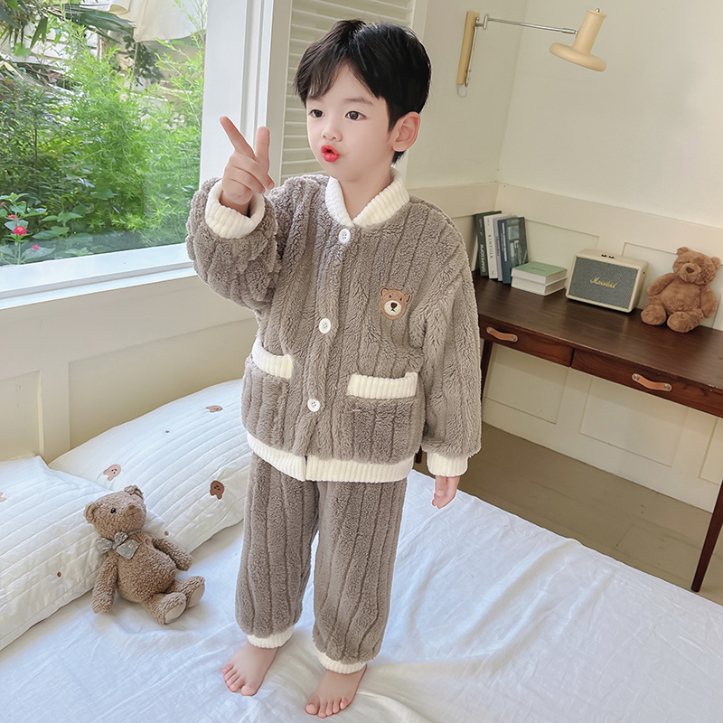男童睡衣加绒加厚秋冬季珊瑚绒女孩宝宝法兰绒儿童冬款家居服套装