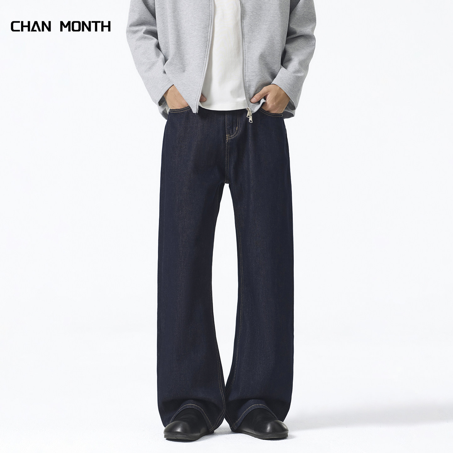 CHAN MONTH秋季美式复古原色牛仔裤男宽松百搭直筒水洗阔腿长裤子