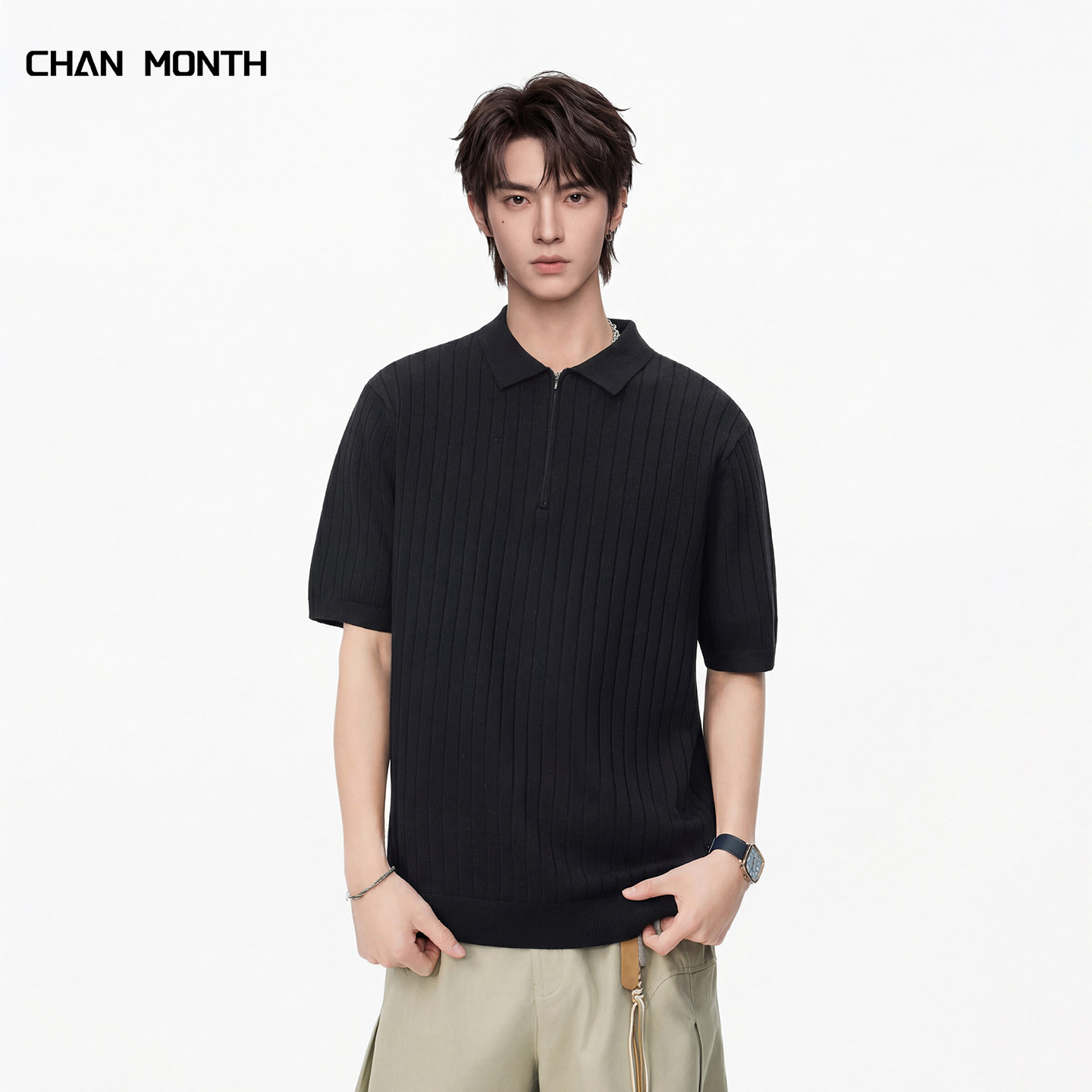 CHAN MONTH老钱风翻领短袖T恤男夏季潮牌宽松针织衫复古上衣