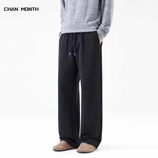 秋冬加绒休闲抽绳长裤 CHAN 男款 黑色垂感宽松直筒卫裤 子 MONTH美式