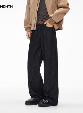 CHAN MONTH美式复古丹宁黑牛仔裤男A字裤秋冬宽松直筒高街长裤子