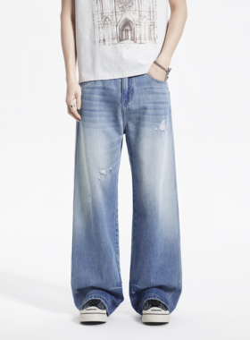 CHAN MONTH美式牛仔裤男宽松直筒破洞阔腿裤春季复古水洗长裤子