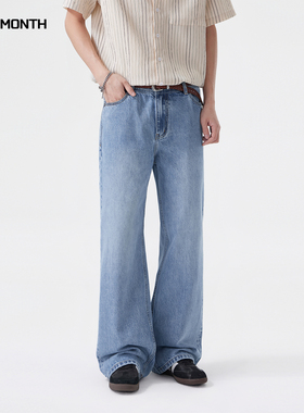 CHAN MONTH美式复古高街阔腿牛仔裤男12.8蛊司宽松直筒百搭长裤子