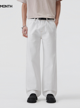 CHAN MONTH美式春秋白色牛仔裤男宽松休闲百搭阔腿高街直筒长裤子
