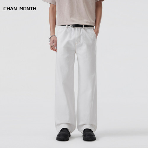 CHANMONTH美式春秋白色牛仔裤男