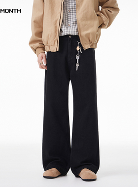 CHAN MONTH美式复古黑色牛仔裤男款秋冬潮牌宽松直筒百搭加绒裤子