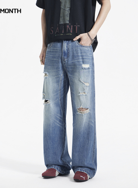 CHAN MONTH美式复古破洞牛仔裤男宽松阔腿裤水洗垂感直筒百搭长裤