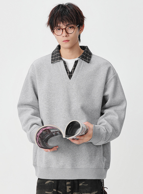 CHAN MONTH美式复古假两件叠穿重磅宽松潮牌卫衣男秋季上衣外套