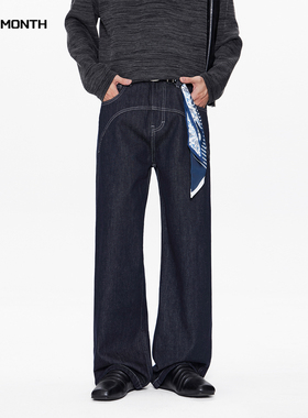 CHAN MONTH美式复古原色牛仔裤男秋季丹宁A字裤宽松潮阔腿长裤子