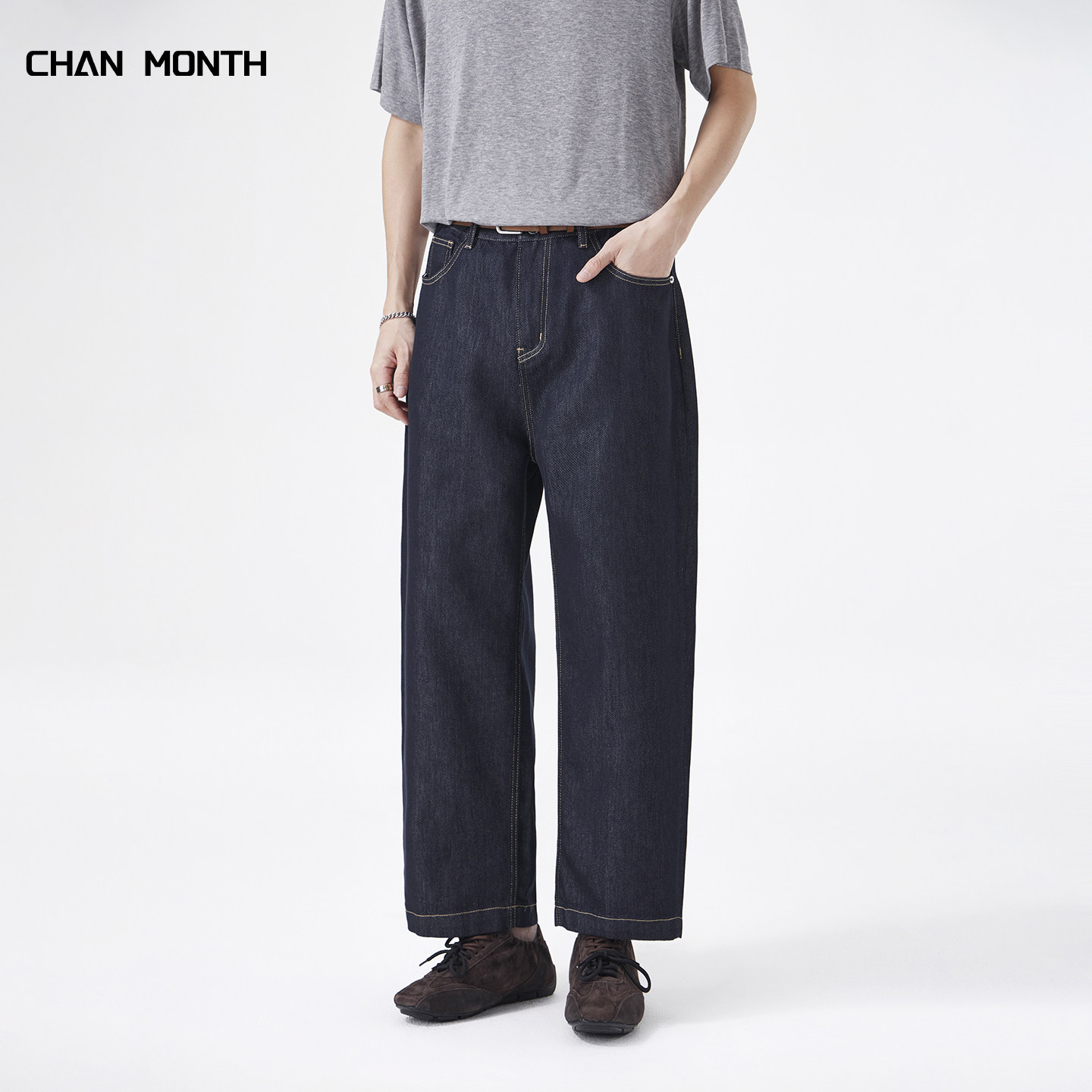 CHAN MONTH美式复古原色牛仔裤男高街春夏季九分宽松直筒裤子