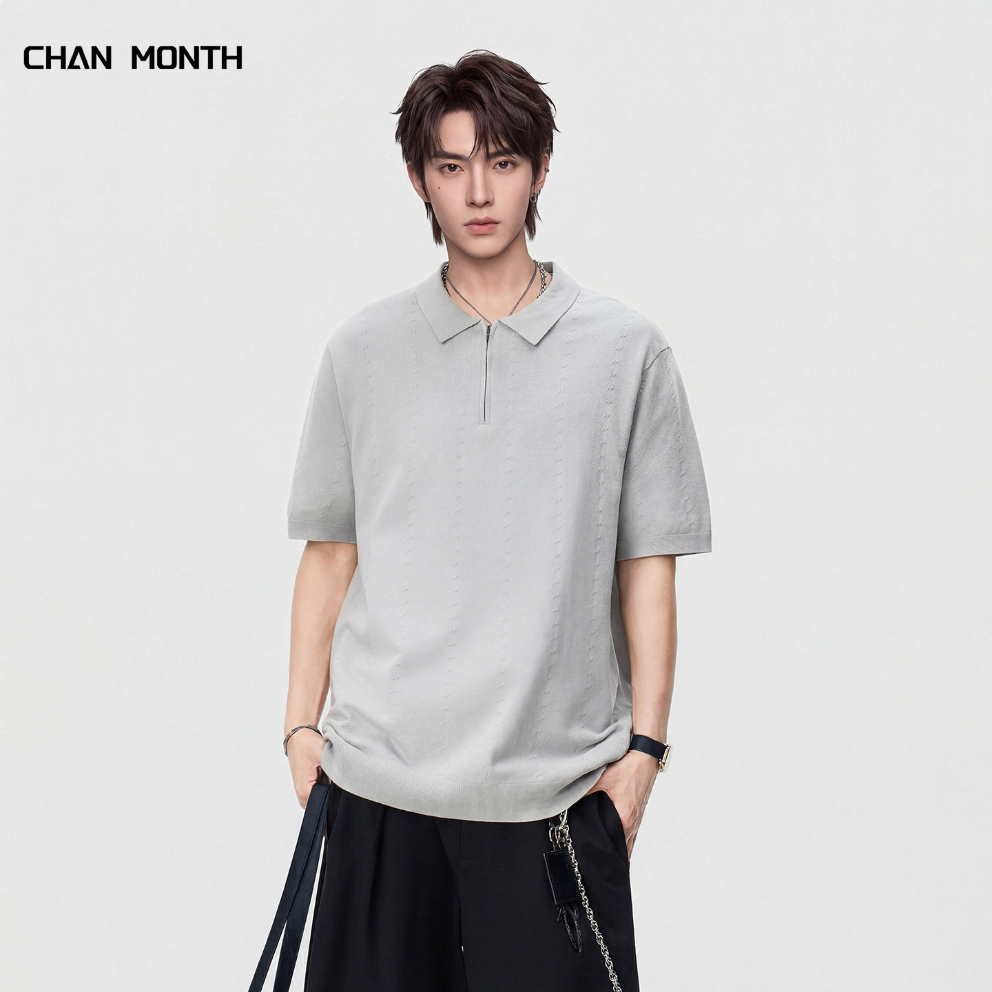 CHAN MONTH夏季老钱风麻花肌理感针织短袖男百搭宽松POLO衫T恤