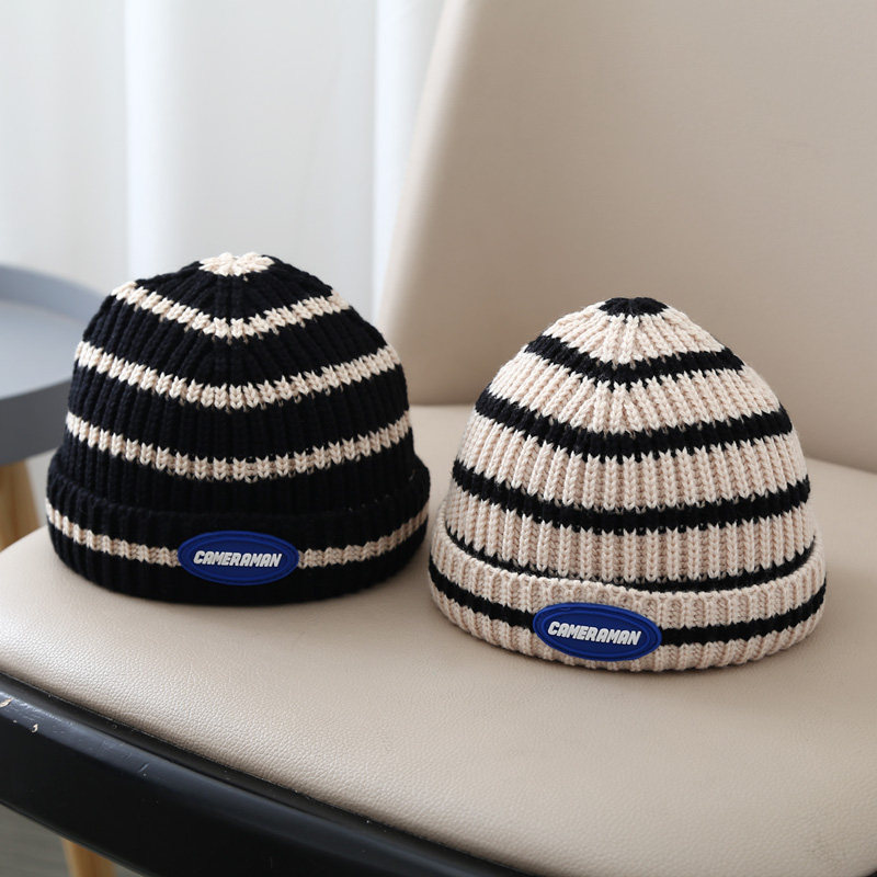 ins秋冬韩范儿童针织帽男女宝宝条纹字母毛线帽卷边瓜皮保暖帽子