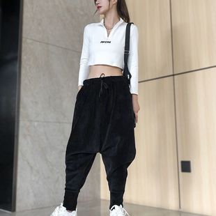 允格2025秋冬拼接简约吊裆裤男女时尚大码情侣大档裤哈伦裤低档裤