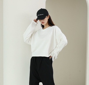 允格短款长袖卫衣女2025年新款春秋宽松流苏韩版套头圆领纯色上衣